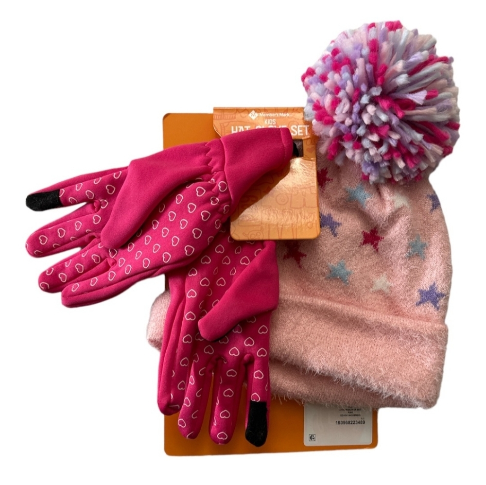 Girls Pink Hat & Gloves Set! S/M Hearts!
